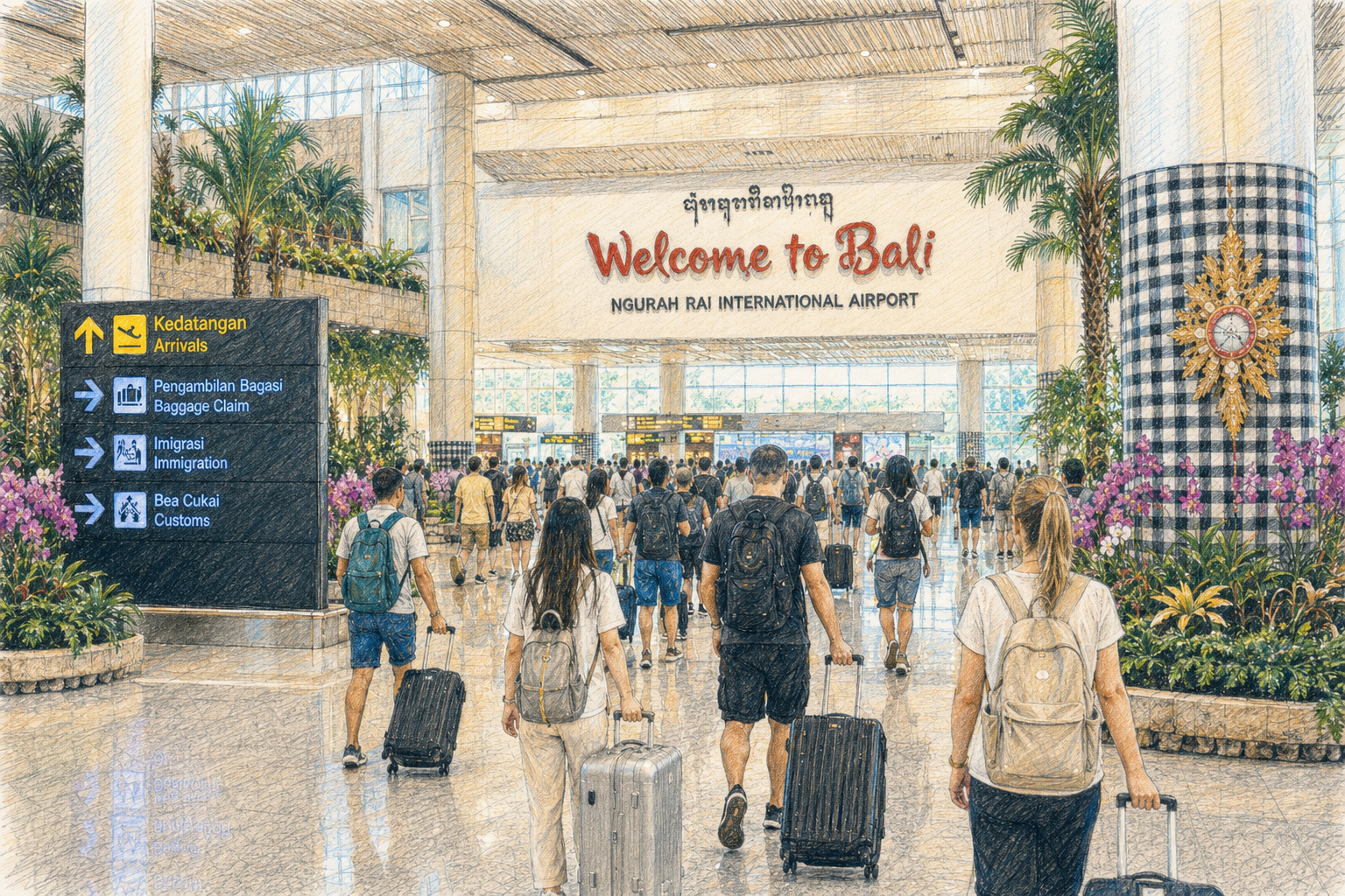 응우라라이 국제공항 입국장 — 'Welcome to Bali' 표지 아래 캐리어를 끄는 여행자들. 발리 여행의 첫 관문.