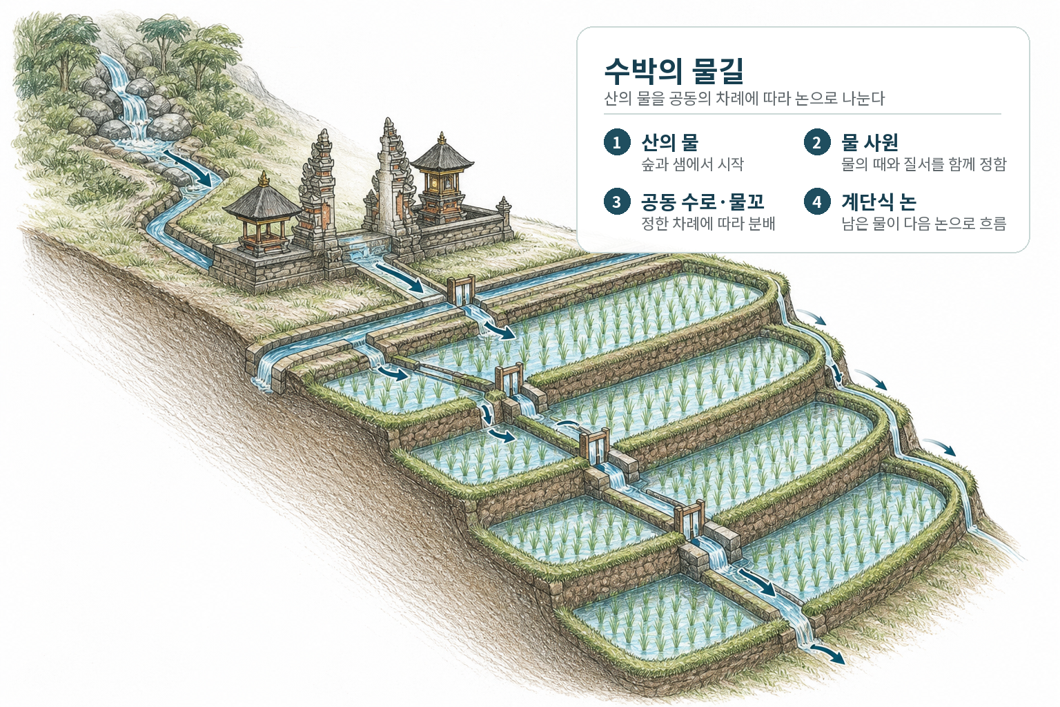 수박의 물길 — 산의 물이 물 사원과 공동 수로를 거쳐, 정한 차례에 따라 논에서 논으로 이어진다. 수로와 물꼬의 실제 배치는 지형과 수박마다 다르다.