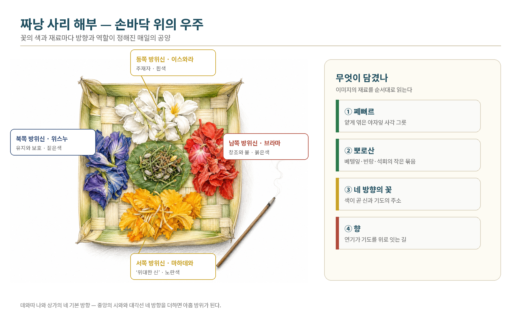 짜낭 사리 해부 — 네 꽃색은 이스와라·위스누·브라마·마하데와가 맡은 기본 네 방향을 가리킨다. 중앙의 시와와 대각선 네 방향을 더하면 아홉 방위신 체계가 된다.