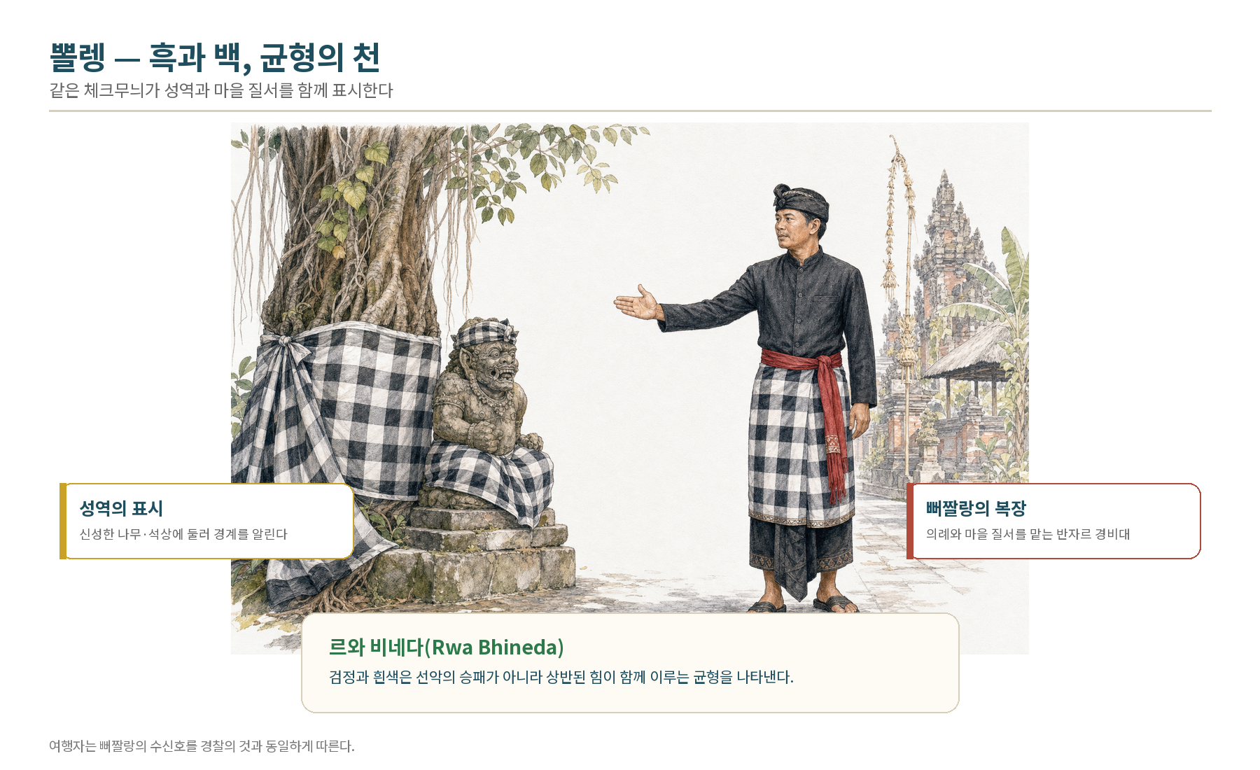 뽈렝과 뻐짤랑. 흑백 체크는 신성한 나무와 석상에 성역의 경계를 표시하고, 반자르 경비대의 복장에서는 의례와 마을 질서를 맡는 역할을 드러낸다.