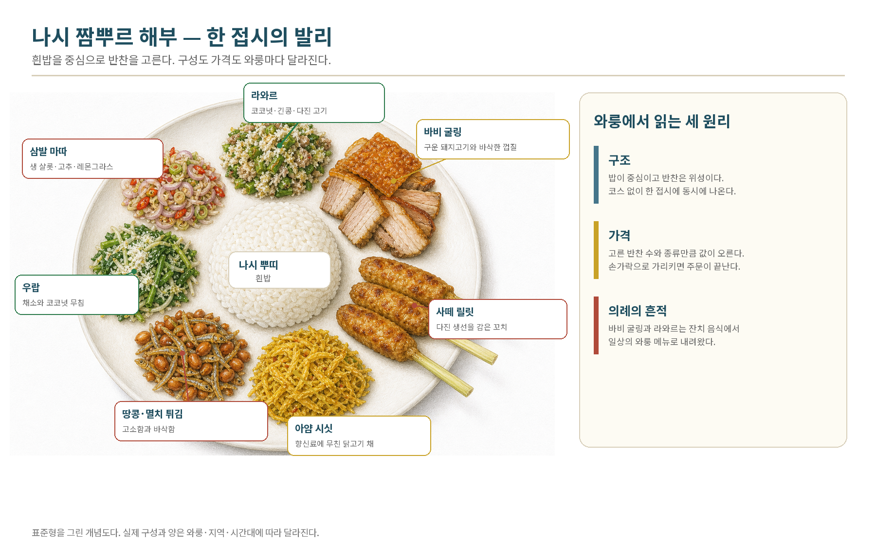 나시 짬뿌르 해부. 흰밥 주위에 라와르·바비 굴링·사떼 릴릿 등 고른 반찬이 놓이고, 구성과 가격은 와룽마다 달라진다.