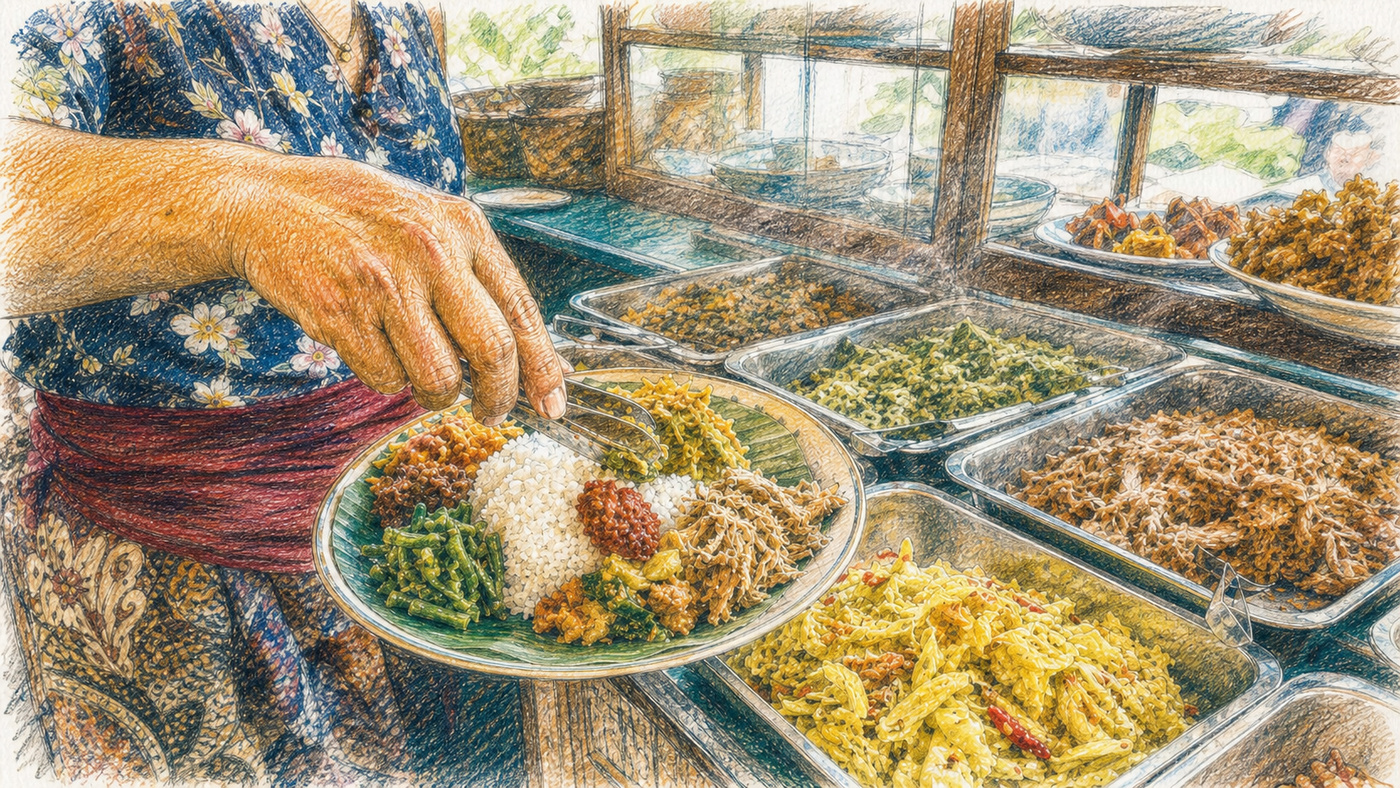 와룽의 나시 짬뿌르 한 접시 — 김 오르는 반찬 사이로 뻗는 손. 메뉴판을 읽고 주문하고 탈 없이 누리는, '가장 맛있는 실용 정보'가 시작되는 자리.