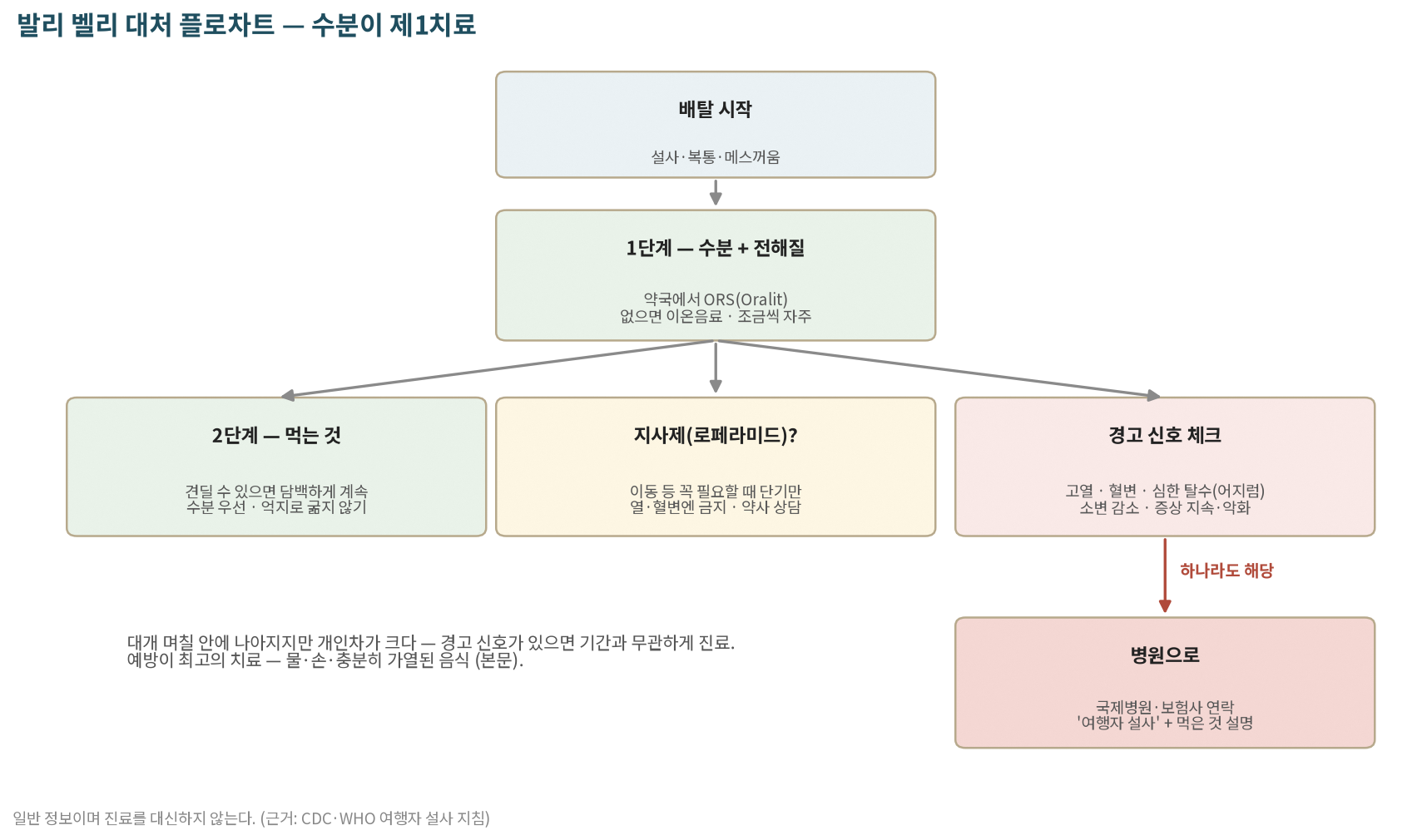 발리 벨리 대처 플로차트 — 경고 신호가 하나라도 있으면 병원(20장)