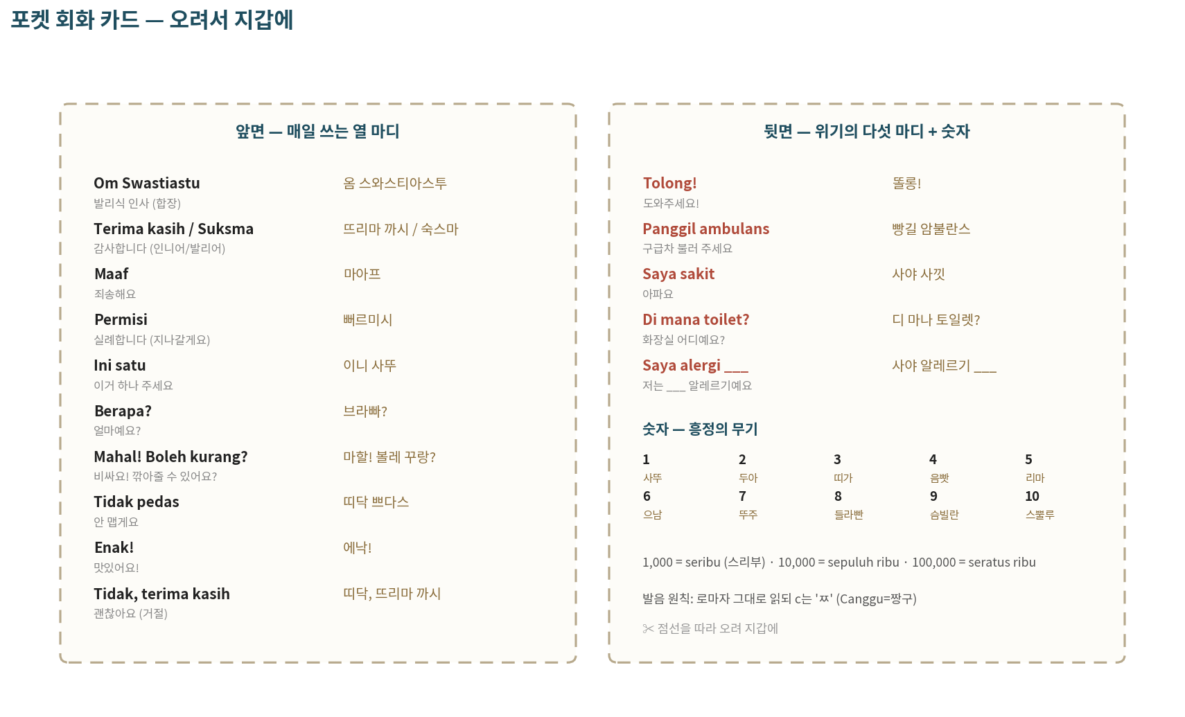 포켓 회화 카드 — 앞면(일상 10) + 뒷면(위기 5 + 숫자)