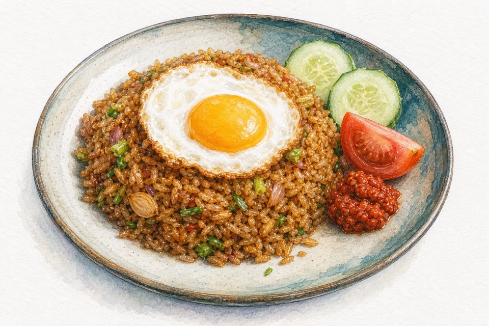 나시 고렝을 보여주는 색연필 여행 삽화