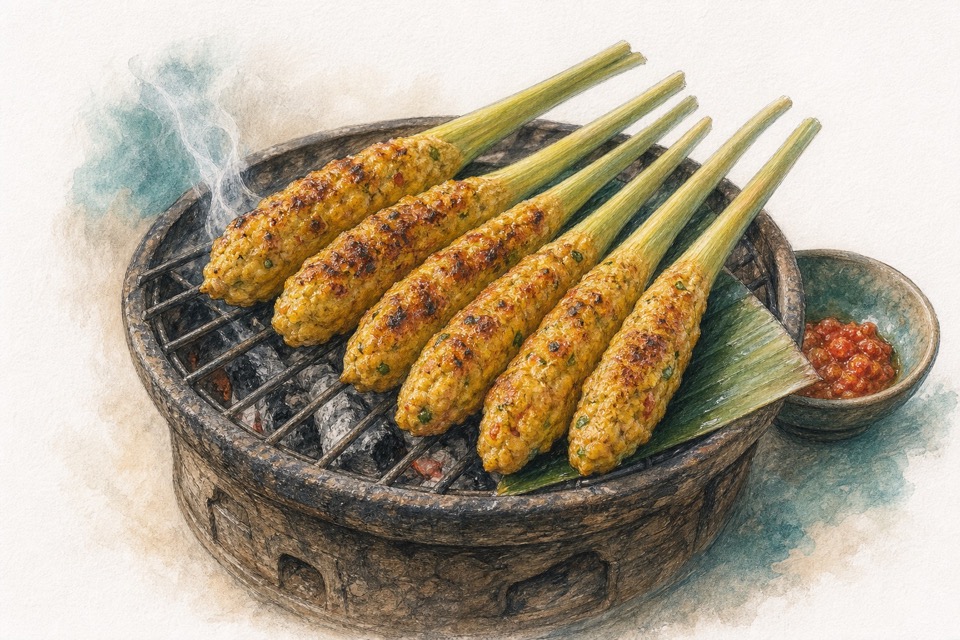 사테을 보여주는 색연필 여행 삽화